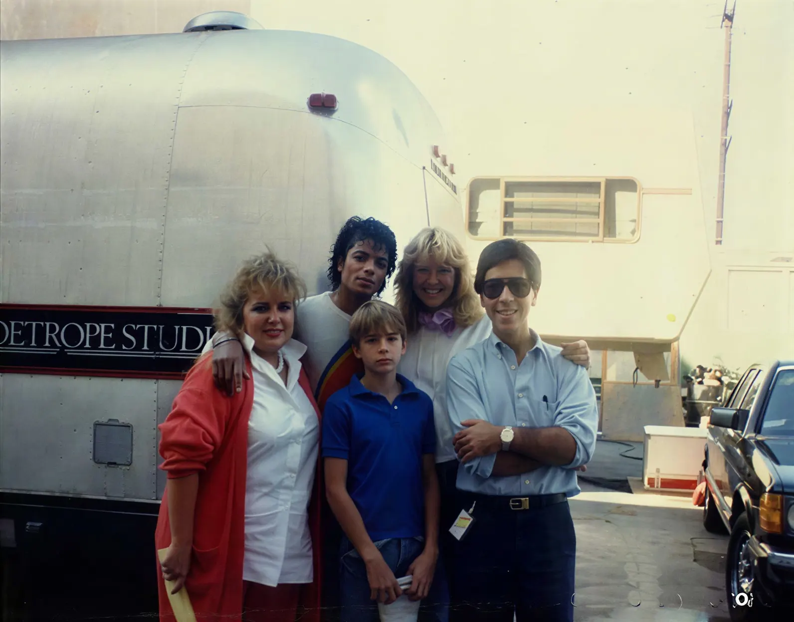 Marion and Jonathan Spence, and an unidentified couple with Michael on the set of Captain EO.